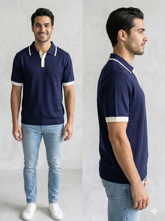 Stride Other - Stride Men's Knitted Polo Shirt Navy Blue with White Contrast Trim – Size Large